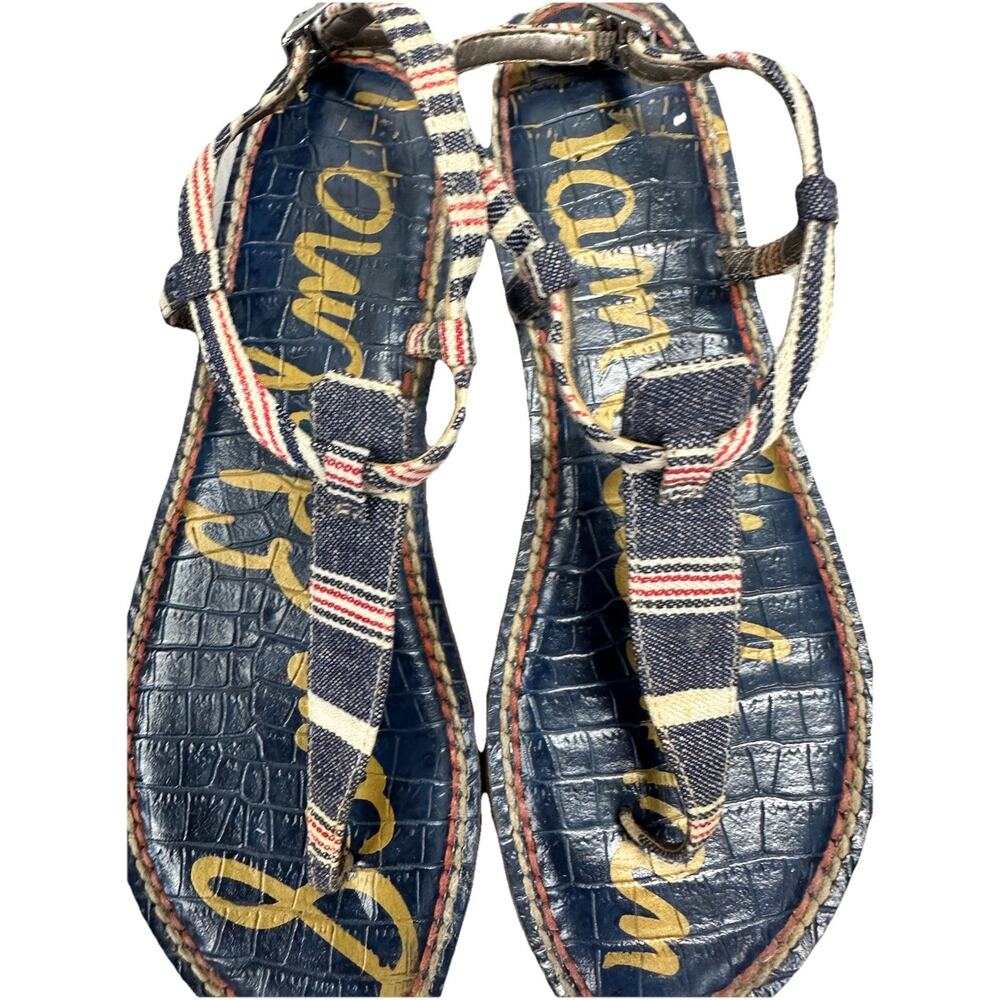 Sam Edelman Womens Gigi Sandal Slingback Red Blue Denim Nautical Flat Size 7.5 - Picture 2 of 10